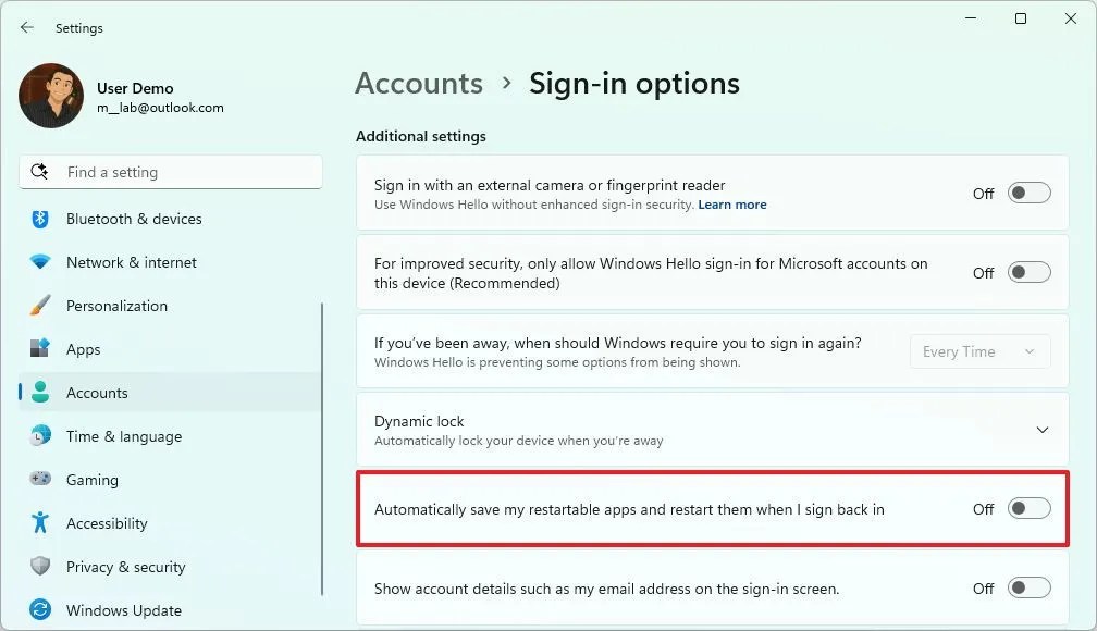 Automatically save my restartable apps and restart them when I sign back in