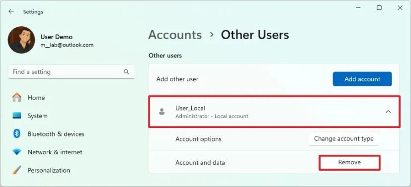 Windows 11 Settings remove user account