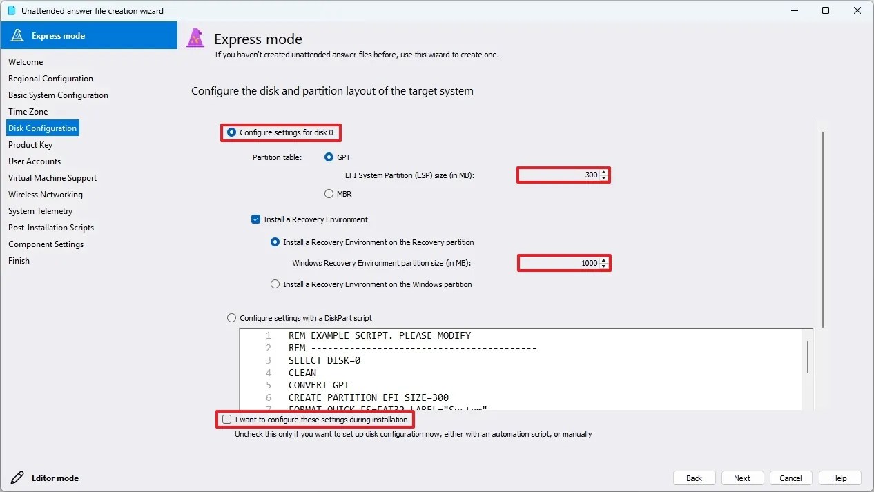 Unattended file create partitions settings