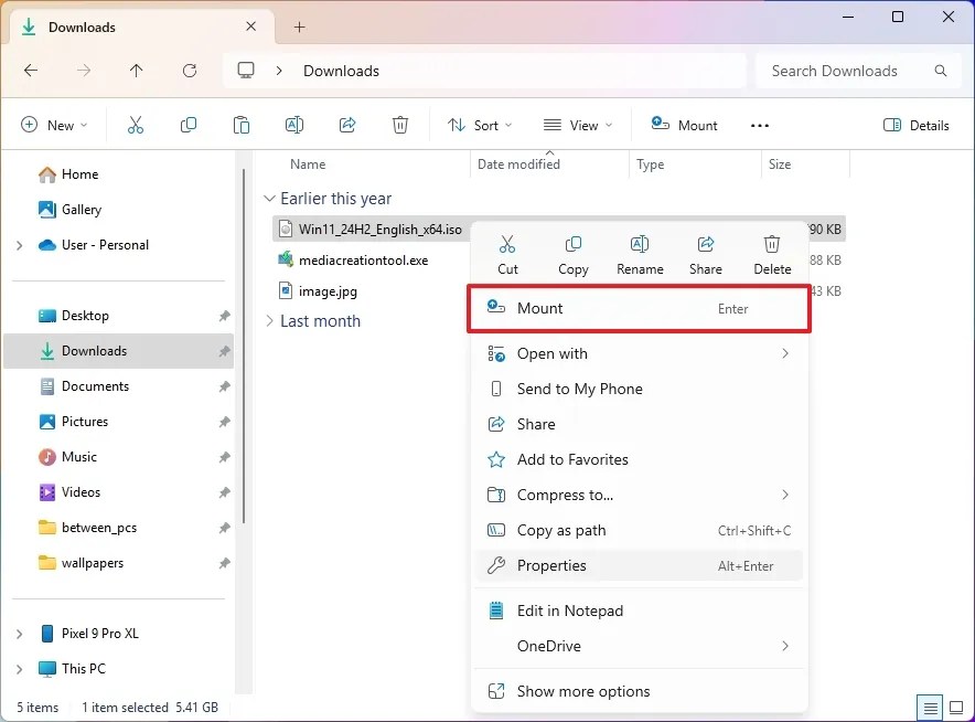 File Explorer mount ISO option