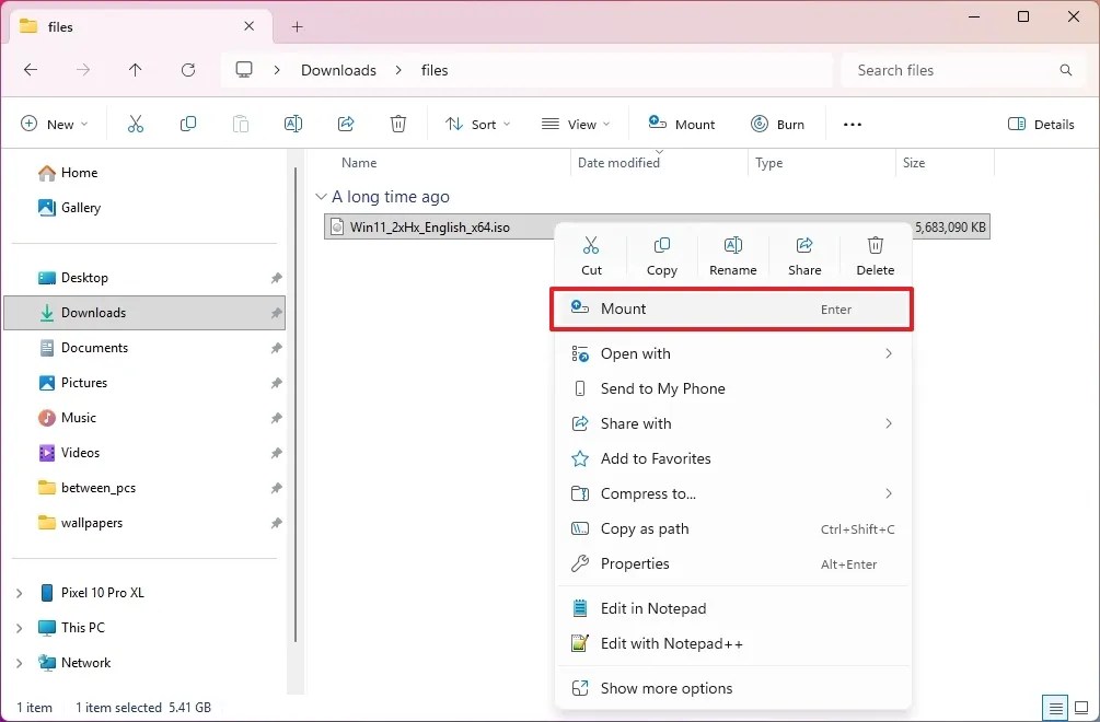 File Explorer mount ISO option