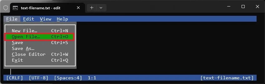Microsoft Edit open file menu
