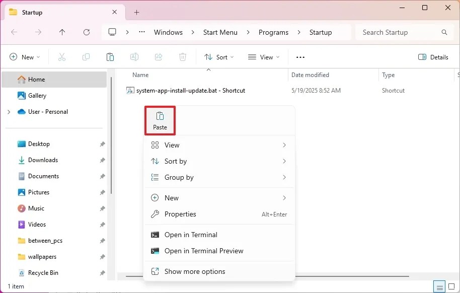 Startup folder add shortcut