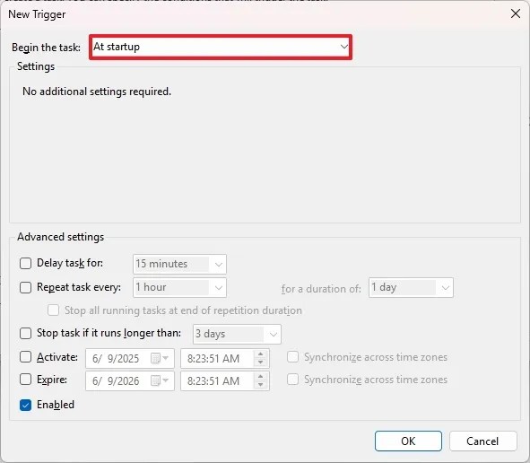 Task startup trigger