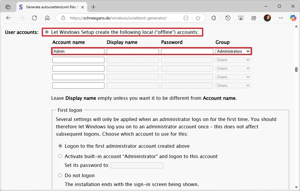 Windows 11 setup create local account