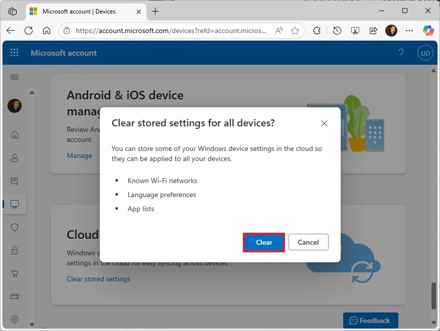Xóa cài đặt đã lưu trữ cho tất cả các thiết bị