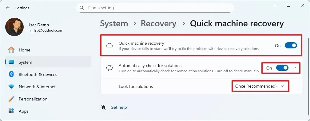 Quick Machine Recovery enabled