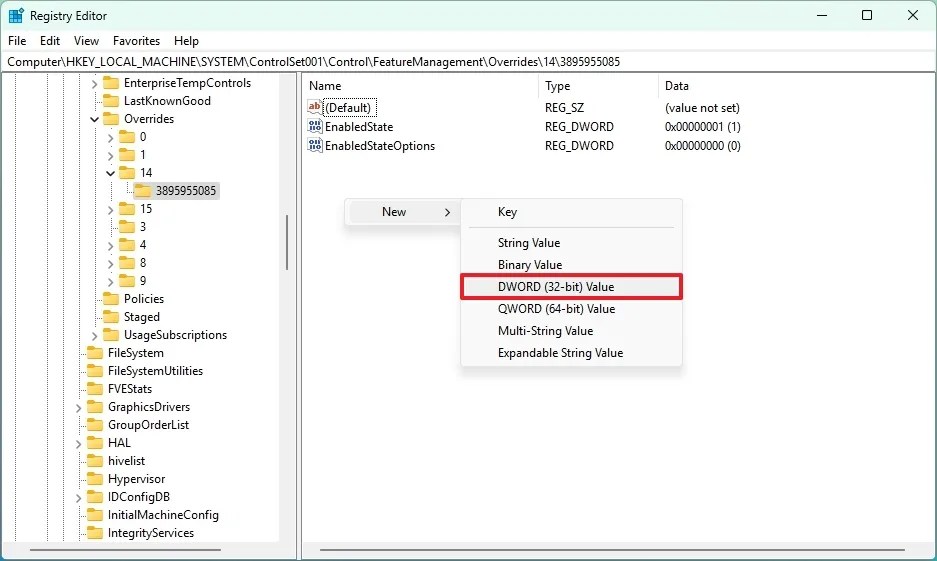 Registry create EnabledState DWORD