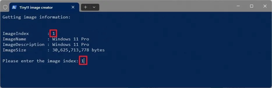 Tiny11 Builder script OS index number