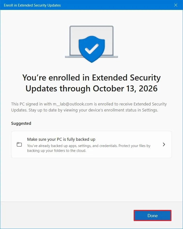 Windows 10 ESU enroll complete