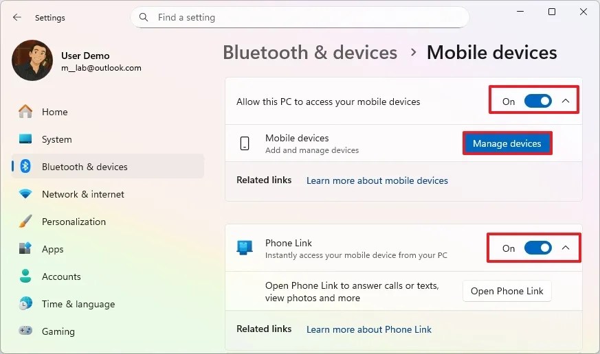 Enable Phone Link and Mobile devices