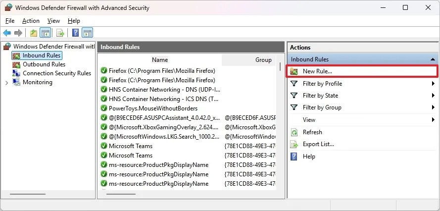 Microsoft Defender firewall new Inbound rule