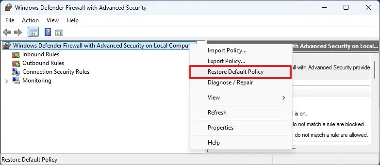 Advanced Security Restore Default Policy option