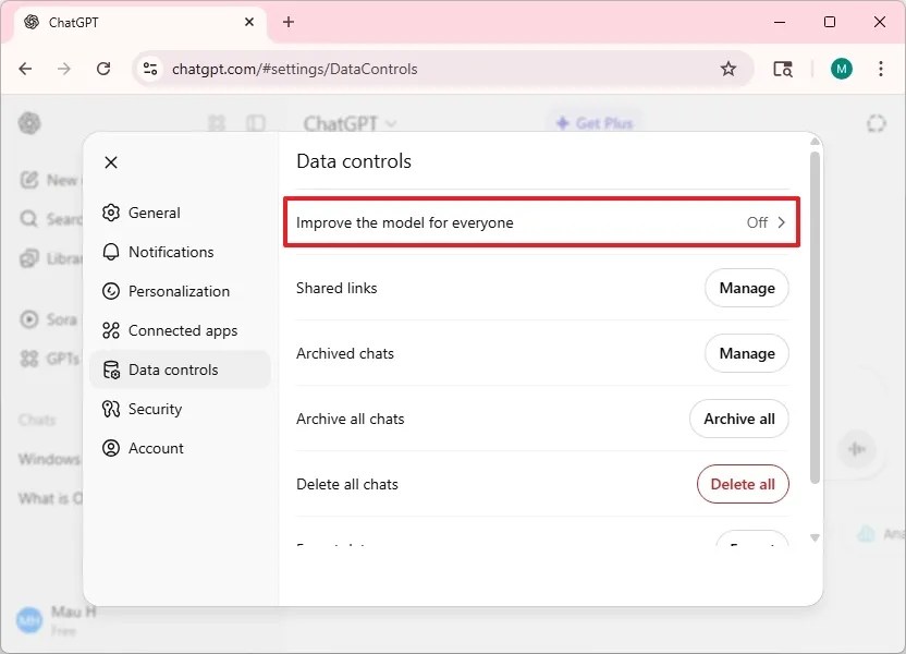 ChatGPT Improve the model for everyone settings