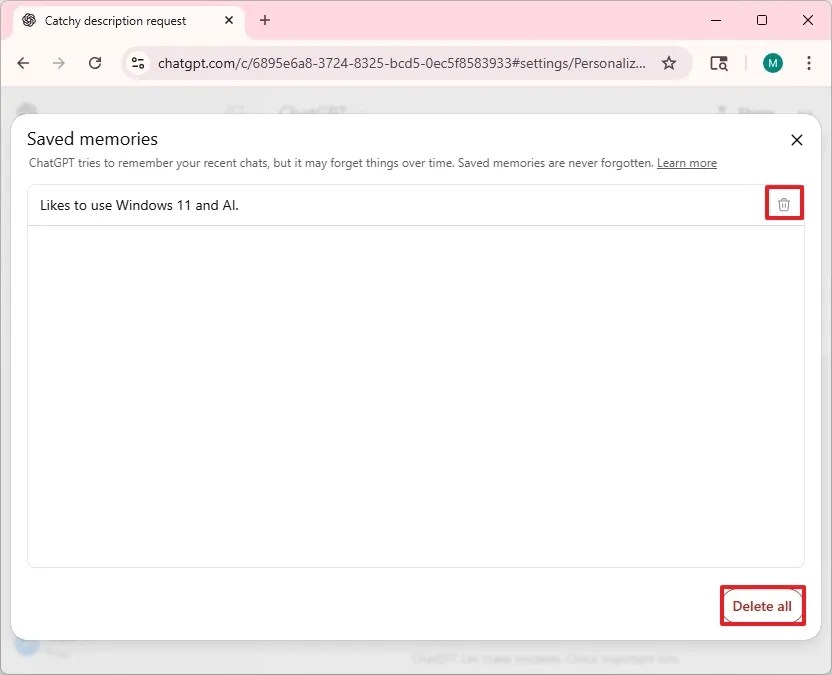 ChatGPT delete memories