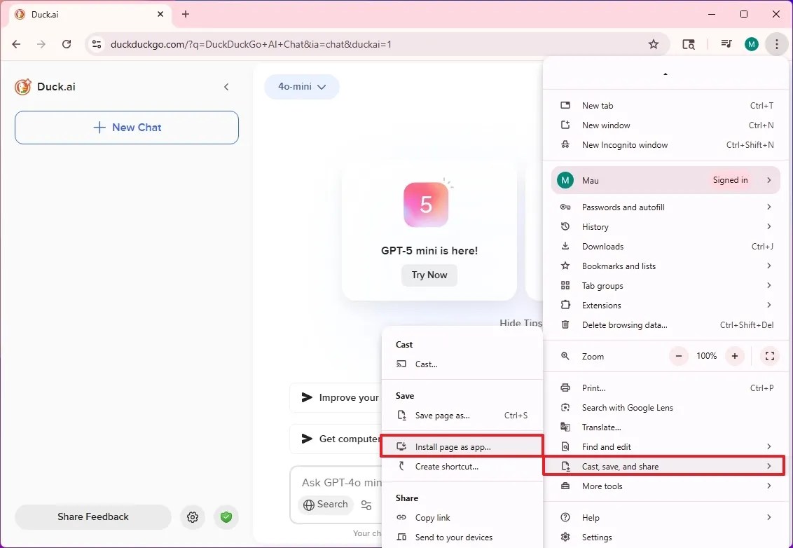 Chrome install Duck.ai app