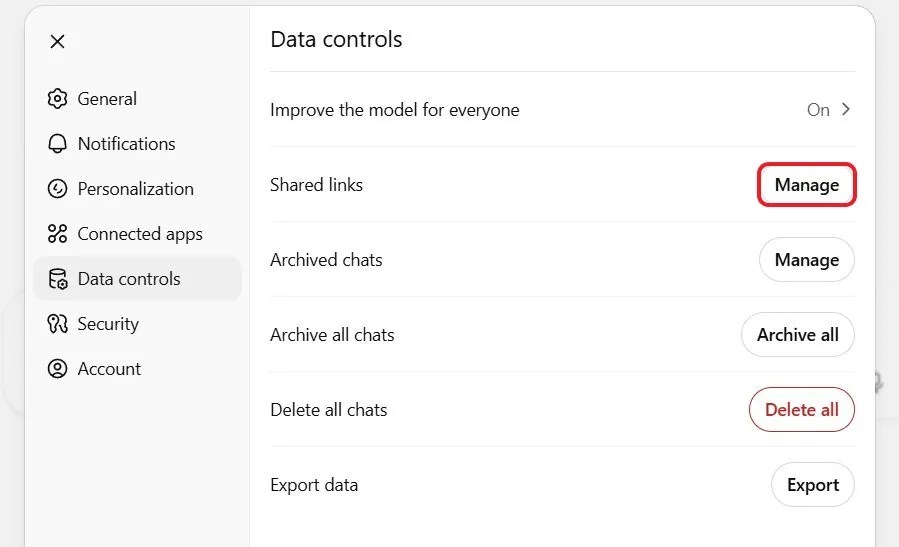 ChatGPT Data Controls Shared Links
