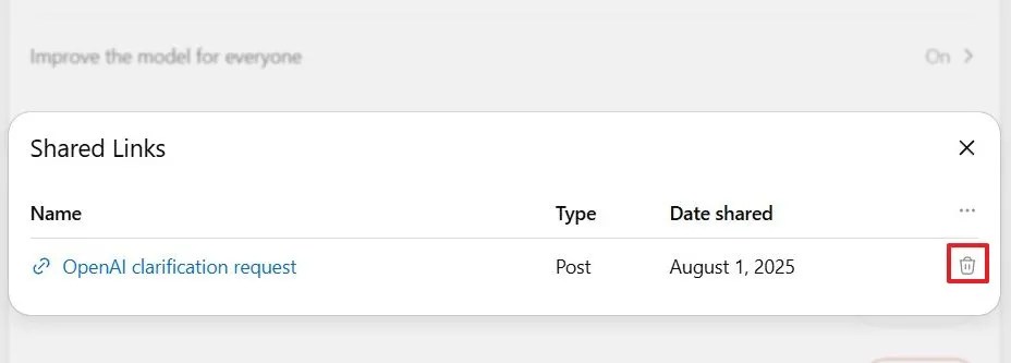 ChatGPT delete shared links