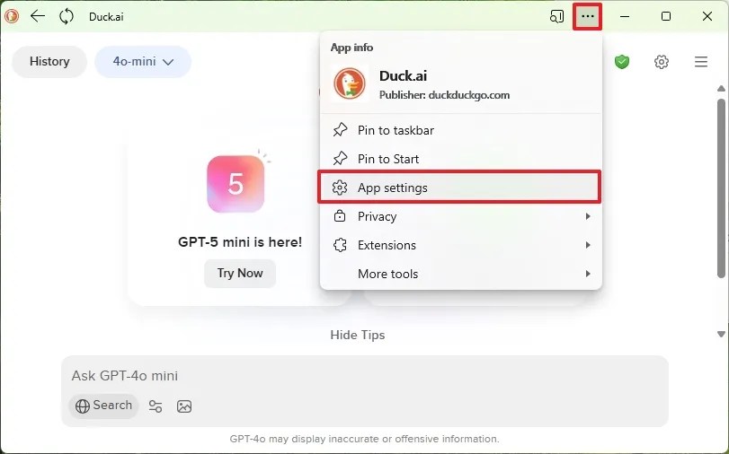 Duck.ai app Edge settings