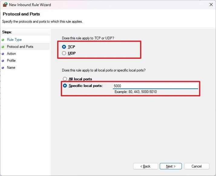 Open specific firewall port using TCP or UDP protocol