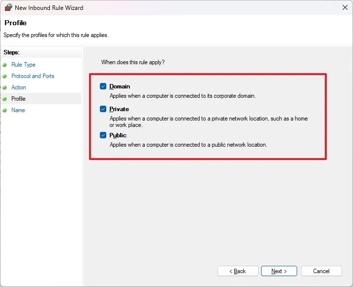 Firewall network profile settings
