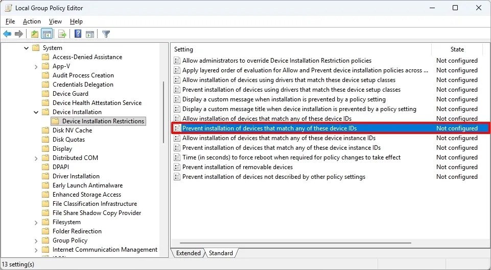 Group Policy Device Installation Restrictions policies