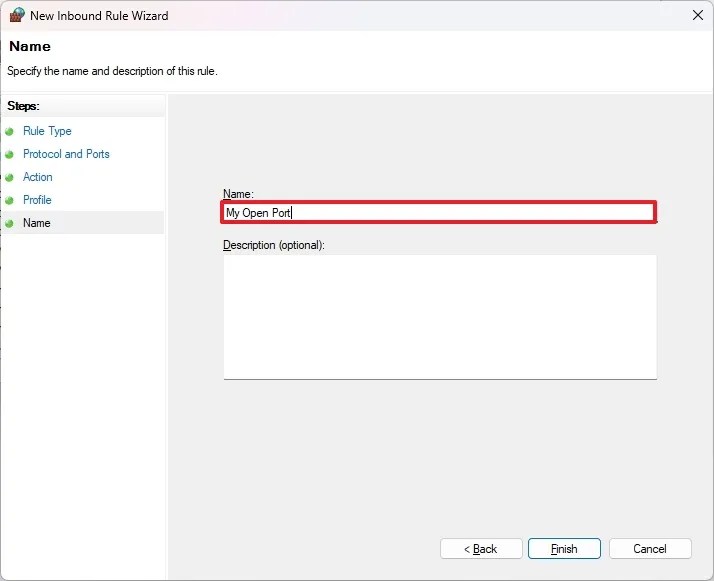 Firewall open port rule name settings