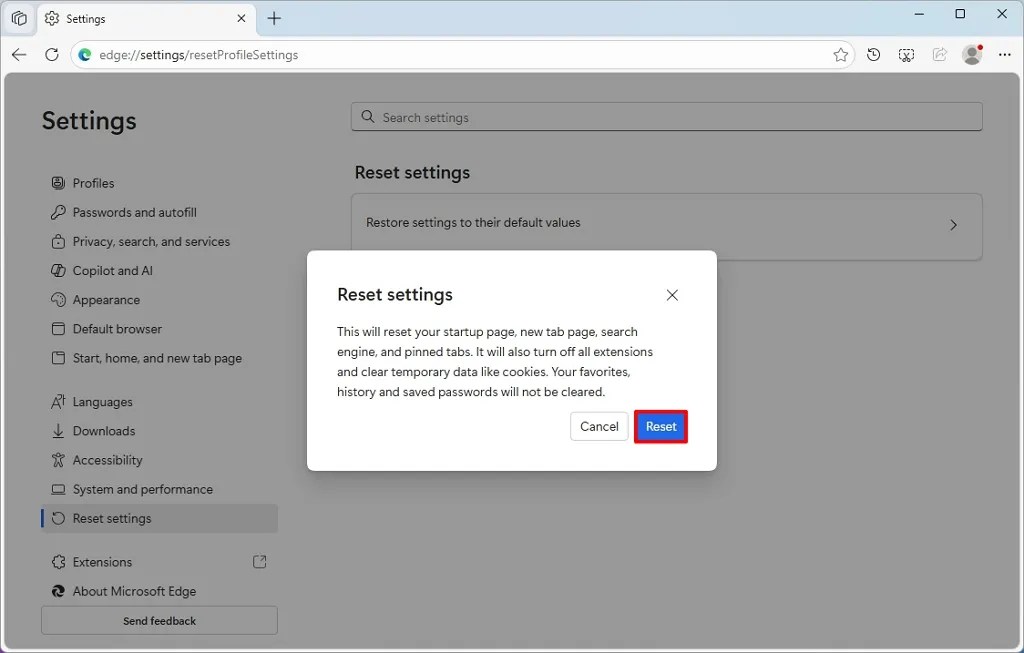 Microsoft Edge reset settings option