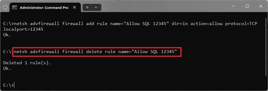 netsh delete firewall port in Command Prompt