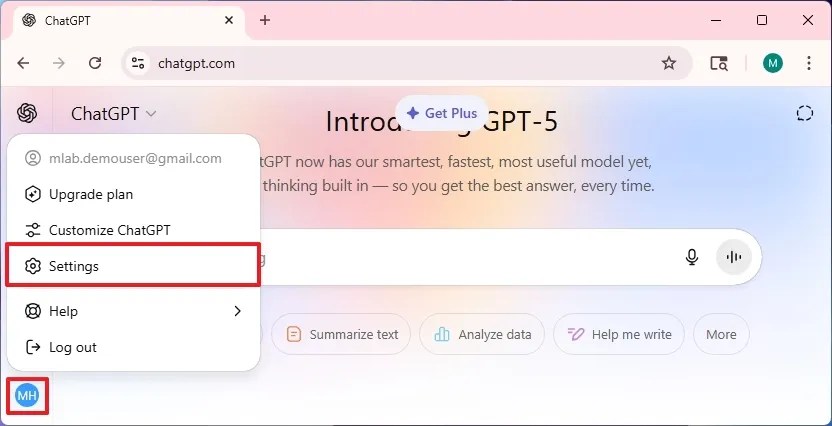 ChatGPT open settings