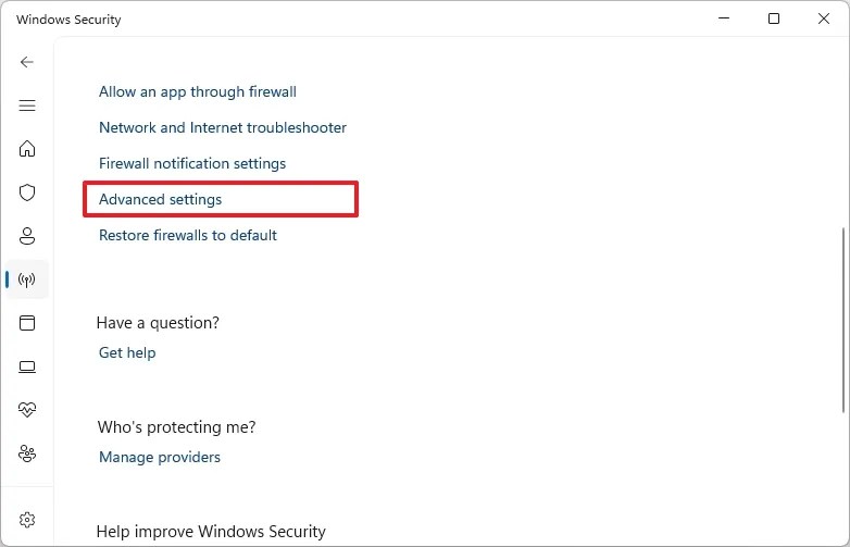 Windows firewall advanced settings