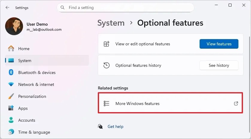 More Windows Features setting