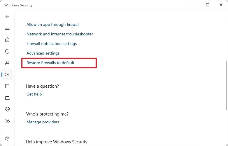 Windows Security firewall reset default option
