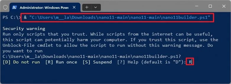 Nano11 run PowerShell script