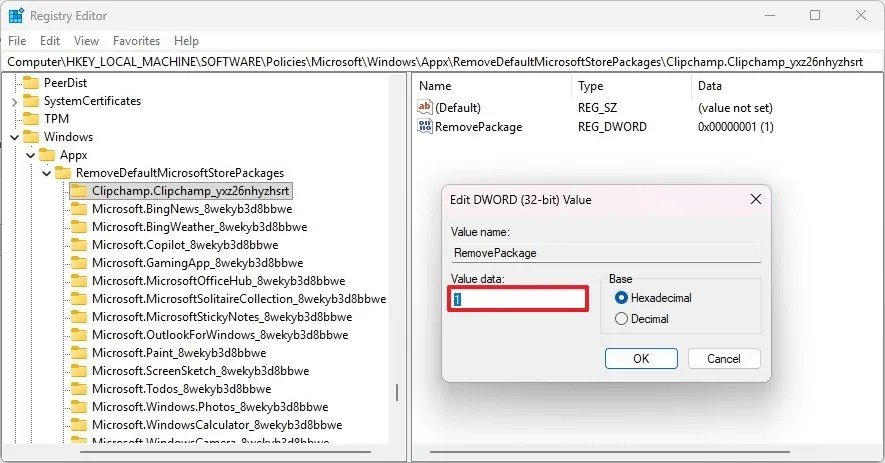 Registry create RemovePackage to debloat Windows 11