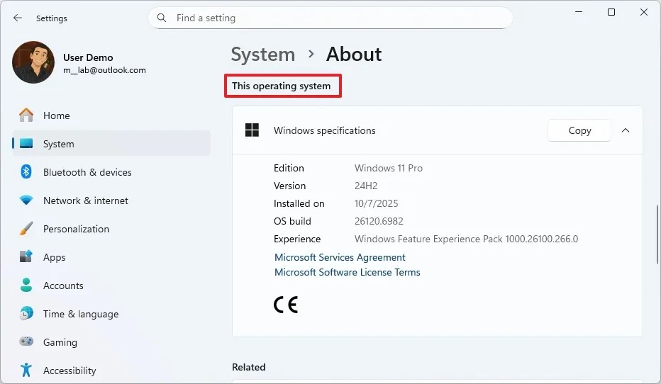 About page This operating system section