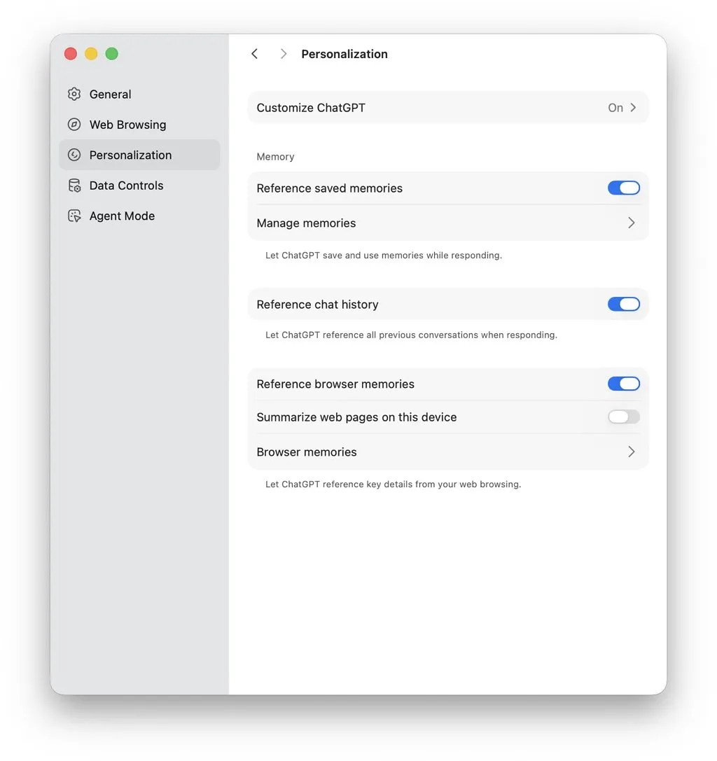 Atlas Personalization settings