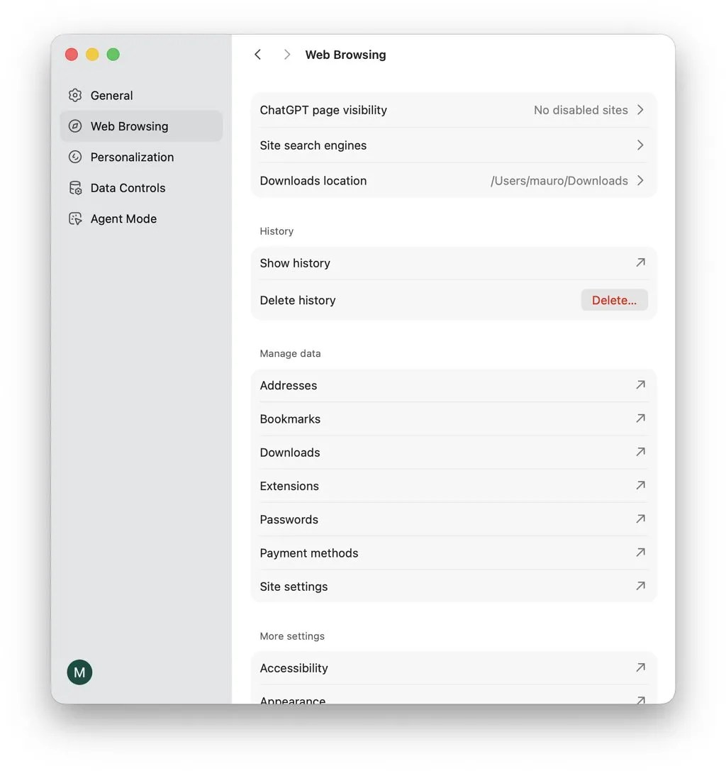 Atlas web browsing settings