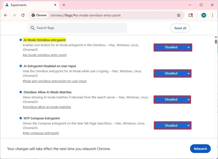 Chrome flags disable AI Mode buttons