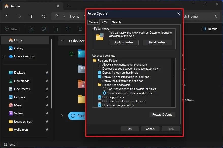 File Explorer Folder Options dark mode