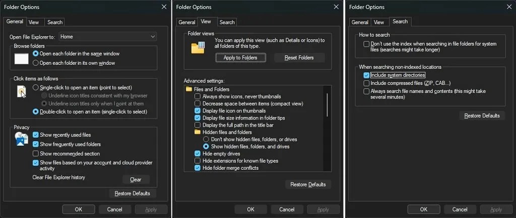 Folder Options tabs in dark mode