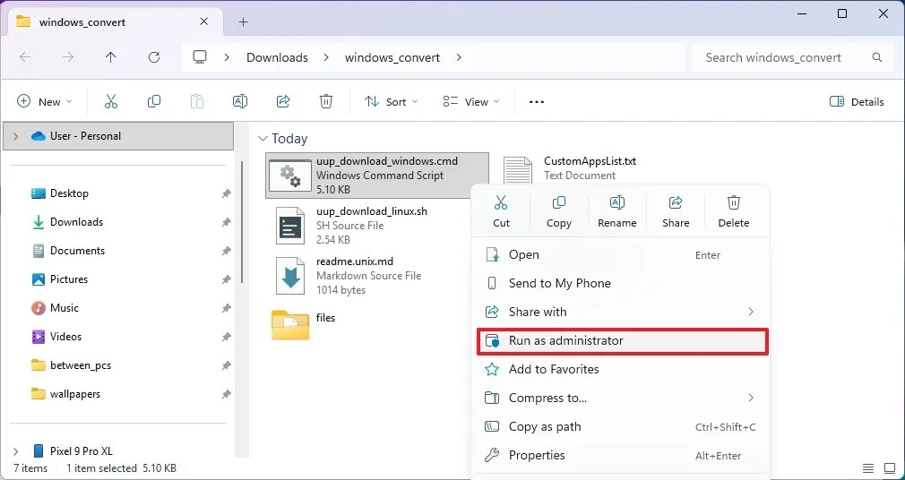 Run UUP Dump script to download Windows 11 24H2 ISO