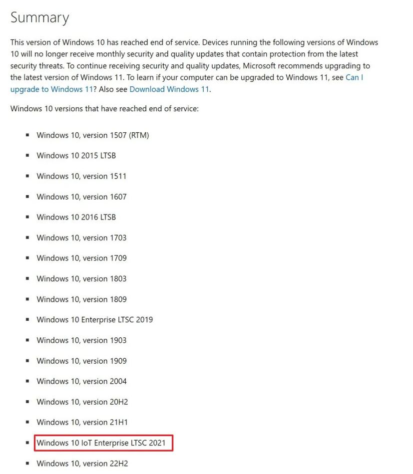 Windows 10 end of support official list