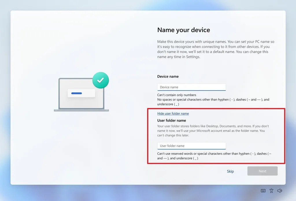 OOBE User Folder Name setting / Image: Microsoft
