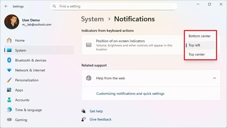 Position of on-screen indicators