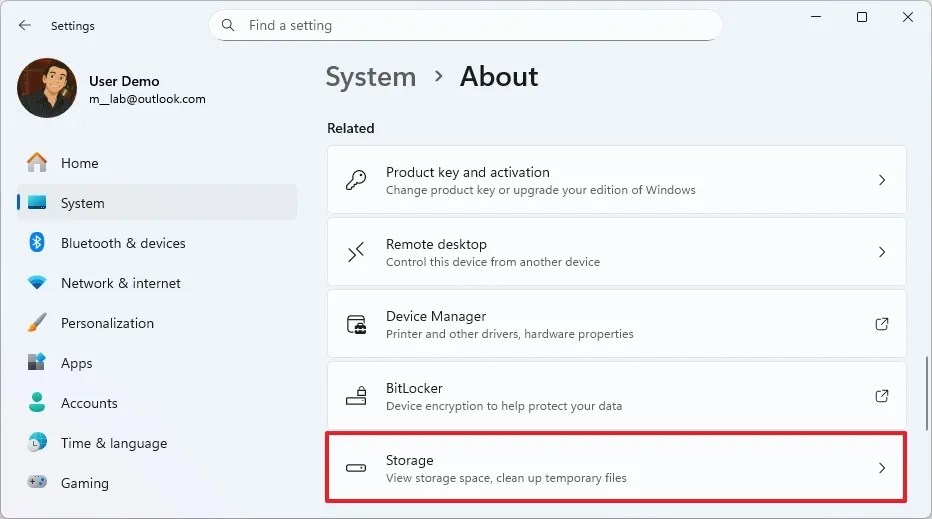About page with Storage option