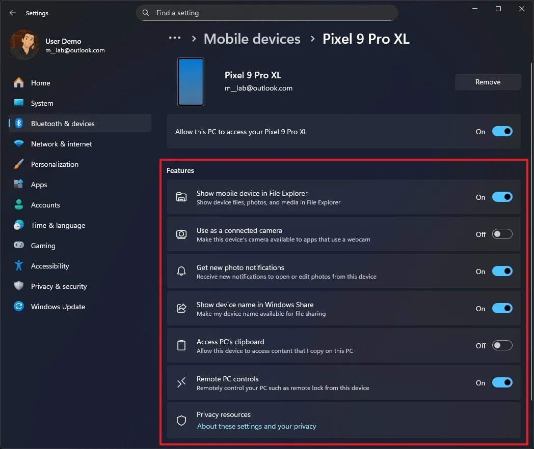 Windows 11 Mobile Devices new settings