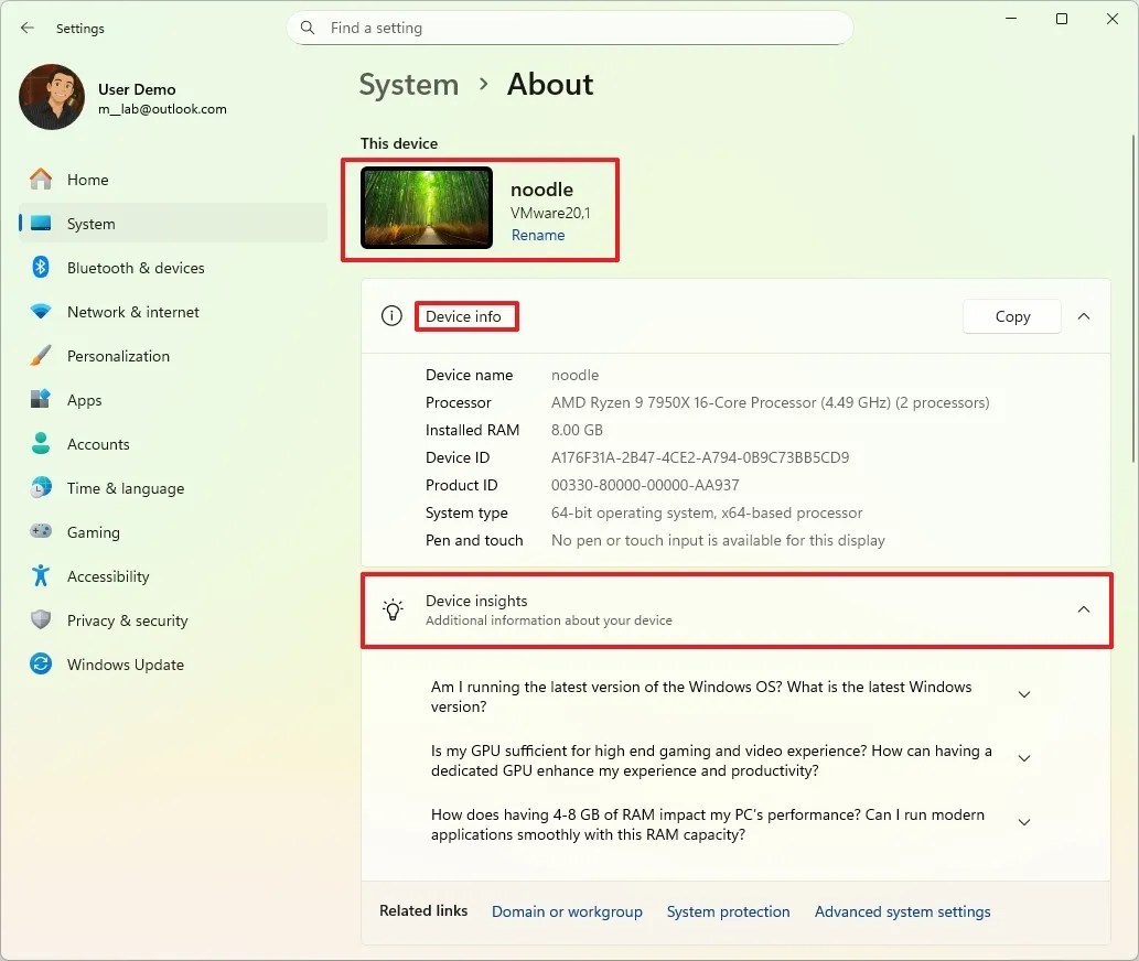 Windows 11 About page with Device insights