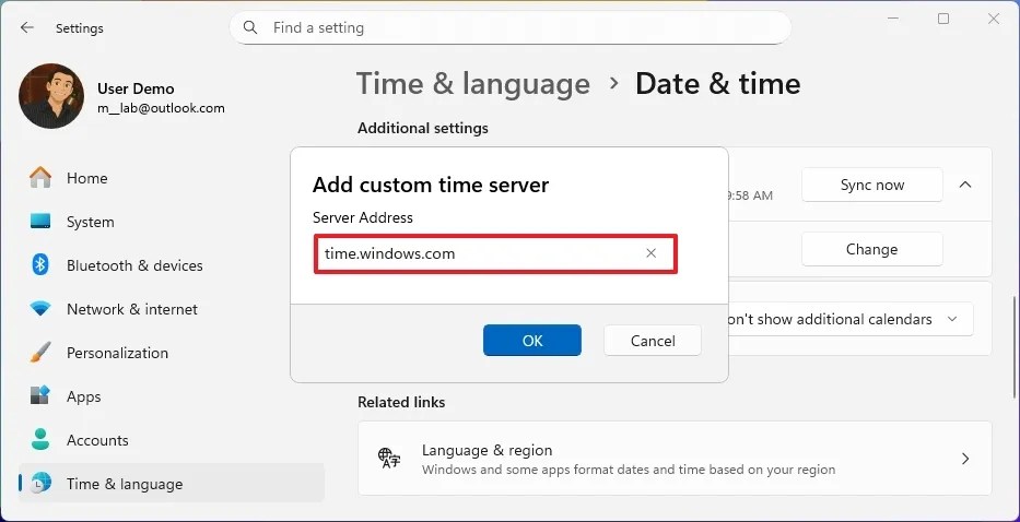 Windows 11 add custom time server