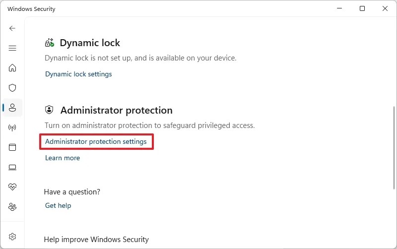 Administrator protection settings